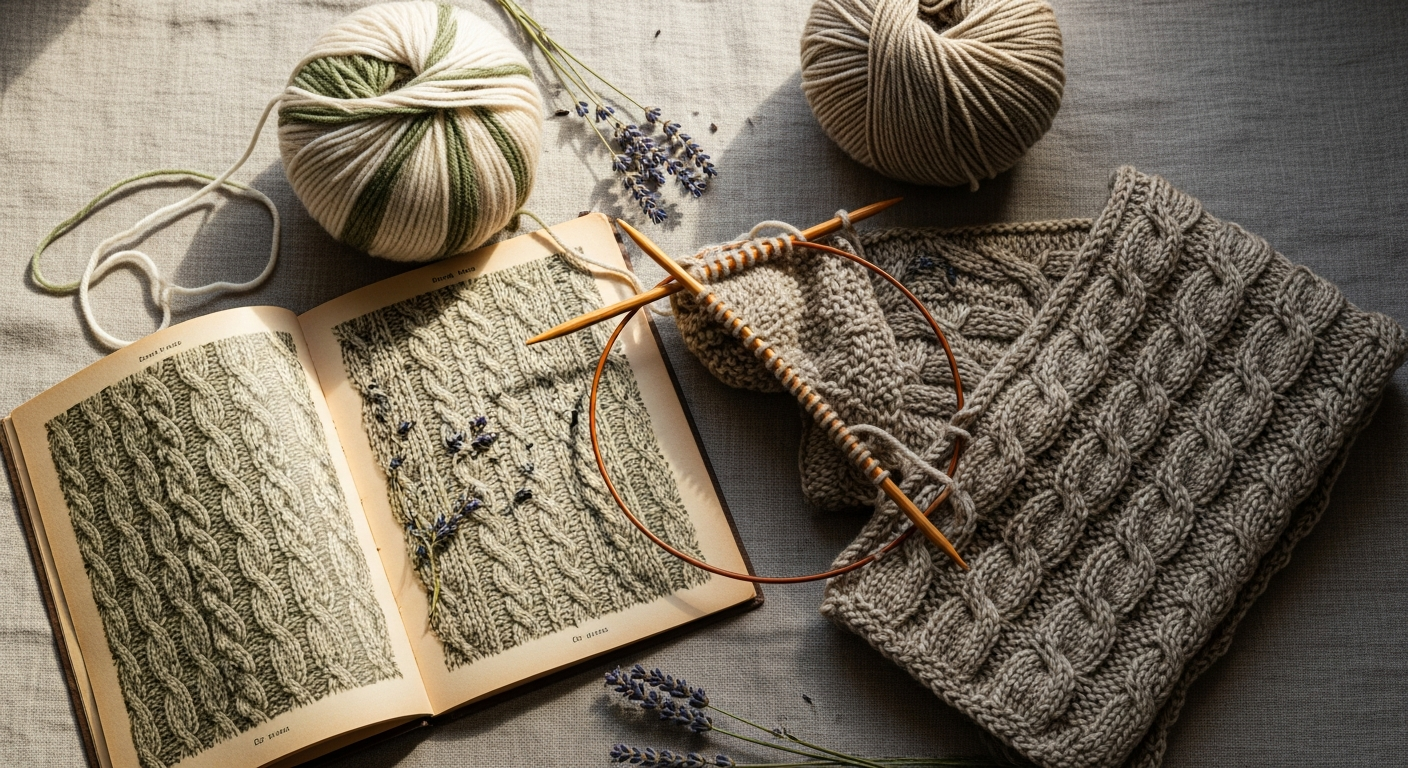 Wooden circular needles, cabled scarf, and skeins of jewel-toned yarn in soft natural light