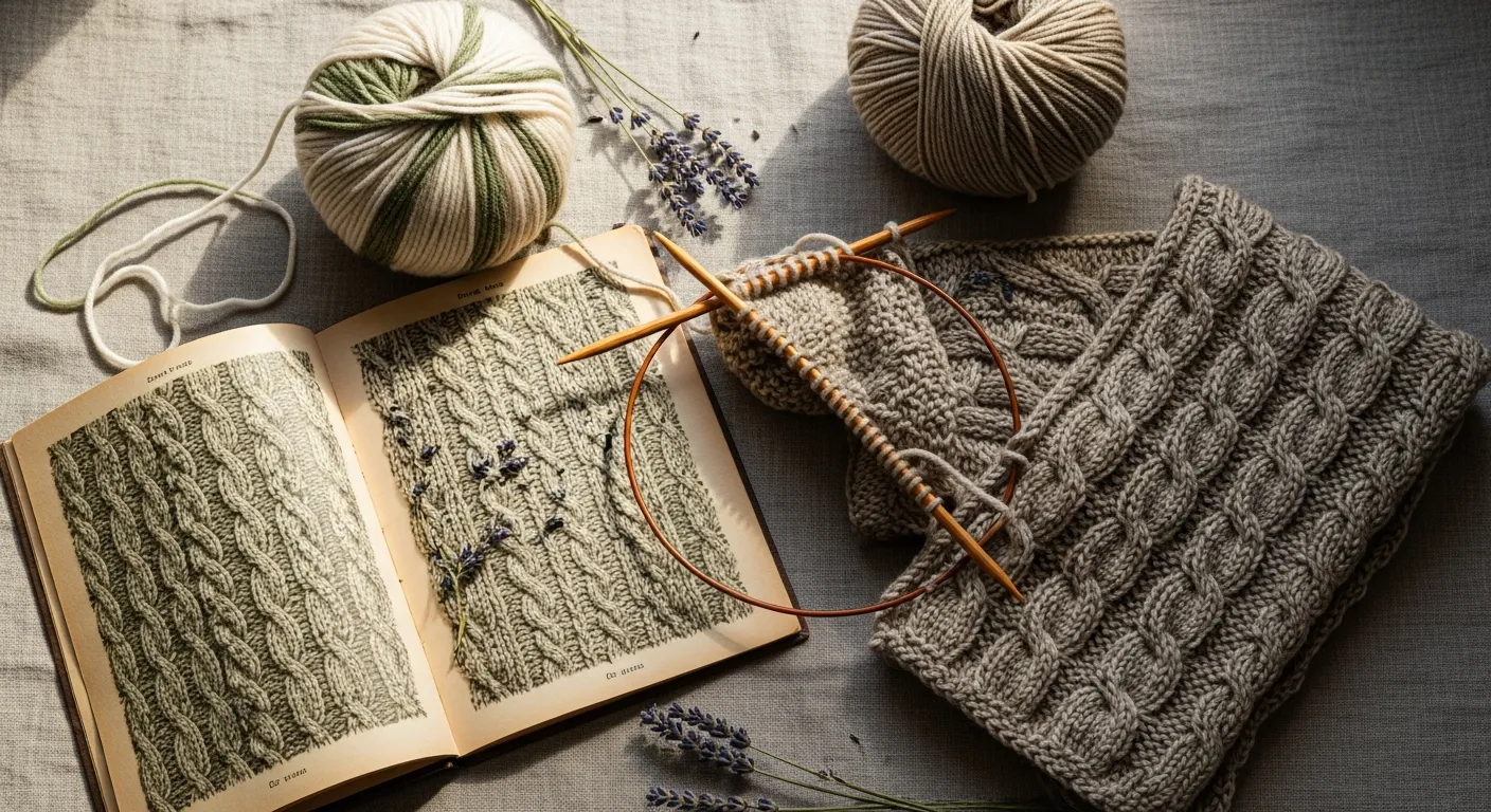 Wooden circular needles, cabled scarf, and skeins of jewel-toned yarn in soft natural light